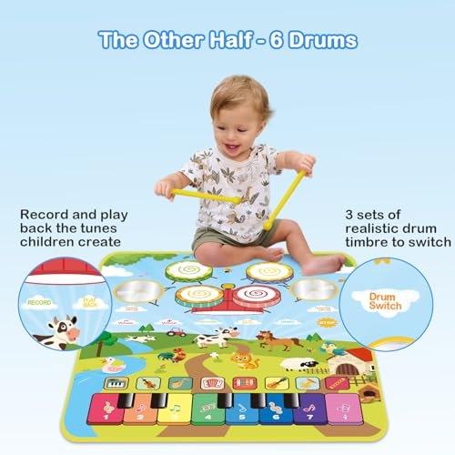 Foki 3-in-1 Musical Mats, Child Floor Piano Drum Animal Music Play Mat Montessori Sensory Early Educational Musical Learning Toys for Baby Girls Boys Birthday Toddlers 1-5 Years Old