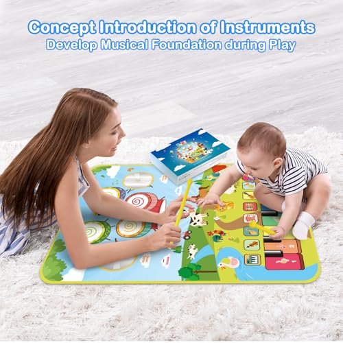 Foki 3-in-1 Musical Mats, Child Floor Piano Drum Animal Music Play Mat Montessori Sensory Early Educational Musical Learning Toys for Baby Girls Boys Birthday Toddlers 1-5 Years Old