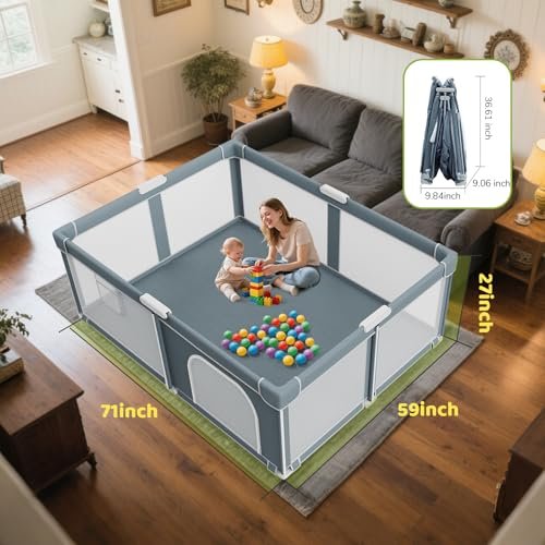 Foldable Baby Playpen - 71"×59" Collapsible Play Pen for Babies and Toddlers - Indoor Outdoor Foldable Play Yard with 4 Handles - Folding Baby Playpen with Bag Portable Travel Play Yard