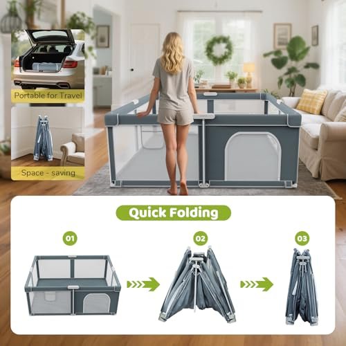 Foldable Baby Playpen - 71"×59" Collapsible Play Pen for Babies and Toddlers - Indoor Outdoor Foldable Play Yard with 4 Handles - Folding Baby Playpen with Bag Portable Travel Play Yard