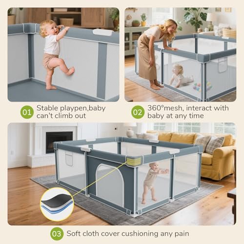 Foldable Baby Playpen - 71"×59" Collapsible Play Pen for Babies and Toddlers - Indoor Outdoor Foldable Play Yard with 4 Handles - Folding Baby Playpen with Bag Portable Travel Play Yard