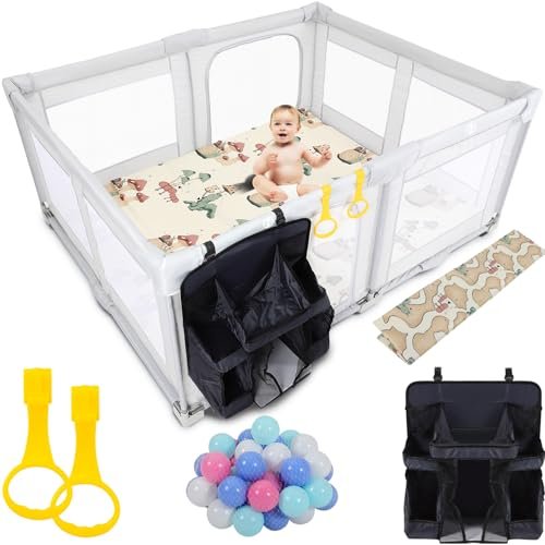 Foldable Baby Playpen, Extra Large Baby Playard, 59inx59in Baby Fence, Installation-Free Baby Safe Play Yard with Climbing Mat, Ocean Ball, Hoop, Storage Bag
