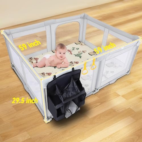 Foldable Baby Playpen, Extra Large Baby Playard, 59inx59in Baby Fence, Installation-Free Baby Safe Play Yard with Climbing Mat, Ocean Ball, Hoop, Storage Bag