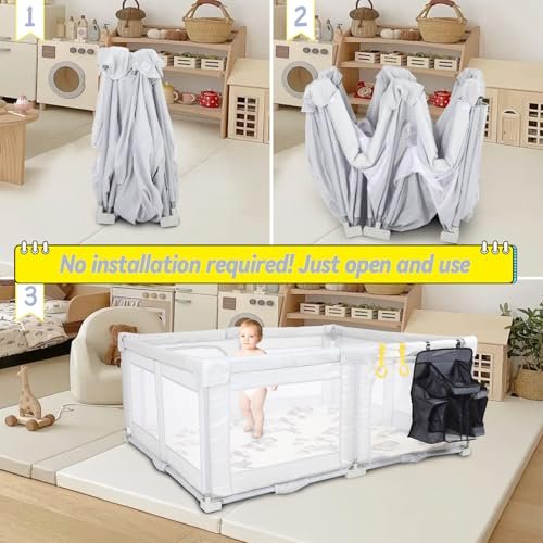 Foldable Baby Playpen, Extra Large Baby Playard, 59inx59in Baby Fence, Installation-Free Baby Safe Play Yard with Climbing Mat, Ocean Ball, Hoop, Storage Bag