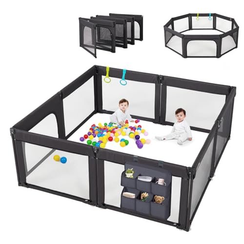 Foldable Baby Playpen, Shape & Size Adjustable Playpen for Toddler, 79x71 Large Play Pens Safety Mesh Foldable Playard for Babies, Portable Baby Fence Play Area Kids Play Pen, Black