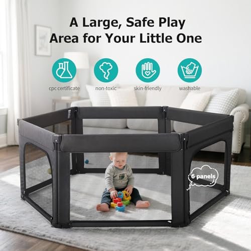Foldable Baby Playpen, Shape & Size Adjustable Playpen for Toddler, 79x71 Large Play Pens Safety Mesh Foldable Playard for Babies, Portable Baby Fence Play Area Kids Play Pen, Black