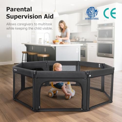 Foldable Baby Playpen, Shape & Size Adjustable Playpen for Toddler, 79x71 Large Play Pens Safety Mesh Foldable Playard for Babies, Portable Baby Fence Play Area Kids Play Pen, Black