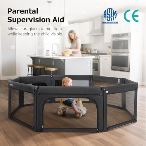 Foldable Baby Playpen, Shape & Size Adjustable Playpen for Toddler, 79x71 Large Play Pens Safety Mesh Foldable Playard for Babies, Portable Baby Fence Play Area Kids Play Pen, Black
