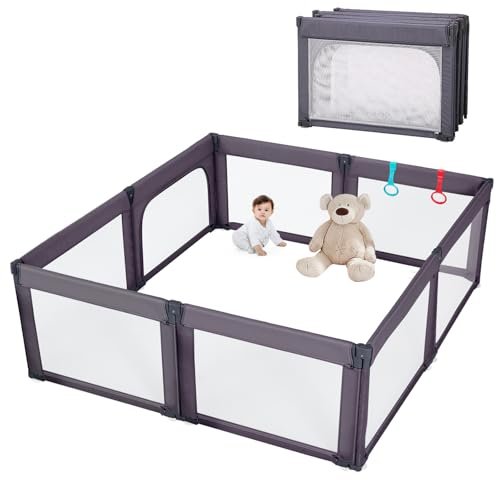 Foldable Baby Playpen, Shape & Size Adjustable Playpen for Toddler, 79x71 Large Play Pens Safety Mesh Foldable Playard for Babies, Portable Baby Fence Play Area Kids Play Pen, Dark Grey