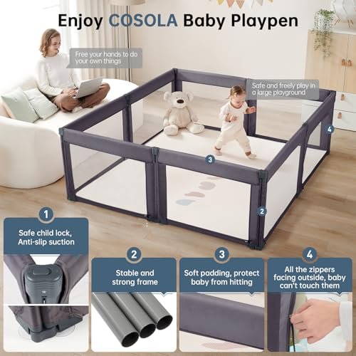 Foldable Baby Playpen, Shape & Size Adjustable Playpen for Toddler, 79x71 Large Play Pens Safety Mesh Foldable Playard for Babies, Portable Baby Fence Play Area Kids Play Pen, Dark Grey