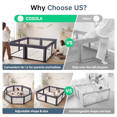 Foldable Baby Playpen, Shape & Size Adjustable Playpen for Toddler, 79x71 Large Play Pens Safety Mesh Foldable Playard for Babies, Portable Baby Fence Play Area Kids Play Pen, Dark Grey