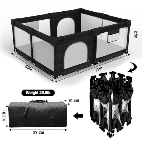 Foldable Baby Playpen with Gate, Extra Large Collapsible Play Yard for Babies & Toddlers, Portable Travel Play Pen with Fence, Safe Activity Center for Indoor & Outdoor Use (59"×71" Black)