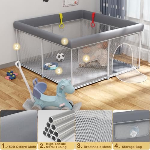 Foldable Baby Playpen with Mat, 50" x 50" Portable Play Pen for Toddlers with 2 Handlers, Easy Setup for Indoor/Outdoor Use, Baby Fence Playard, Perfect for Travel and Home, Grey