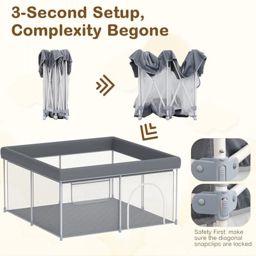 Foldable Baby Playpen with Mat, 50" x 50" Portable Play Pen for Toddlers with 2 Handlers, Easy Setup for Indoor/Outdoor Use, Baby Fence Playard, Perfect for Travel and Home, Grey
