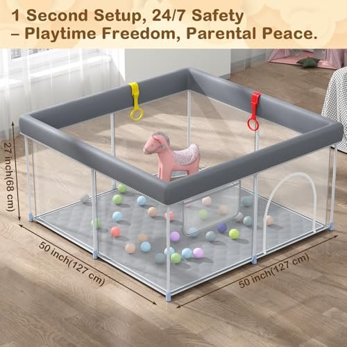 Foldable Baby Playpen with Mat, 50" x 50" Portable Play Pen for Toddlers with 2 Handlers, Easy Setup for Indoor/Outdoor Use, Baby Fence Playard, Perfect for Travel and Home, Grey