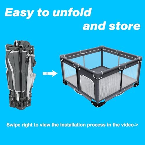 Foldable Baby Playpen with Mat, Foldable Playpen for Babies and Toddlers, Folding Portable Kids Play Pen, Collapsible Play Yard with 2 Handles + Suitable Size Mat(Grey, 50x50 inches)