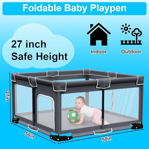 Foldable Baby Playpen with Mat, Foldable Playpen for Babies and Toddlers, Folding Portable Kids Play Pen, Collapsible Play Yard with 2 Handles + Suitable Size Mat(Grey, 50x50 inches)
