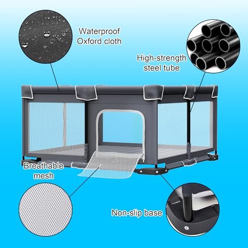 Foldable Baby Playpen with Mat, Foldable Playpen for Babies and Toddlers, Folding Portable Kids Play Pen, Collapsible Play Yard with 2 Handles + Suitable Size Mat(Grey, 50x50 inches)