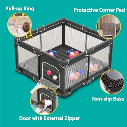 Foldable Playpen for Babies and Toddlers, 50x50 Inches Portable Playpen, Kids Collapsible Play Pen with 2 Handlers, Indoor & Outdoor Baby Fence Play Area with Visible Mesh, Dark Gray