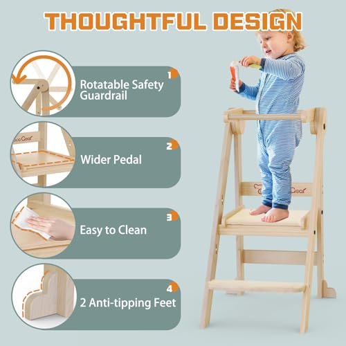 Foldable Toddler Kitchen Stool Helper, Toddler Tower with 3 Adjustable Height, Wooden Toddler Step Stool, Collapsible Toddler Tower, Toddler Stool for Kitchen and Bathroom (Nature)