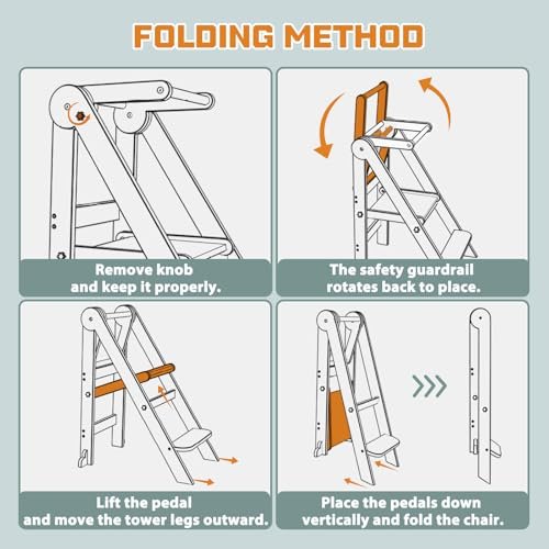 Foldable Toddler Kitchen Stool Helper, Toddler Tower with 3 Adjustable Height, Wooden Toddler Step Stool, Collapsible Toddler Tower, Toddler Stool for Kitchen and Bathroom (Nature)