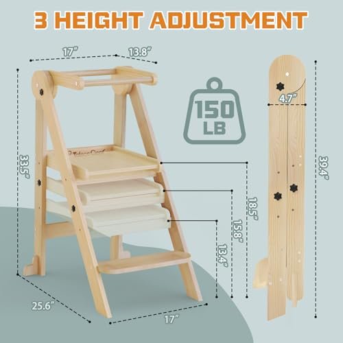 Foldable Toddler Kitchen Stool Helper, Toddler Tower with 3 Adjustable Height, Wooden Toddler Step Stool, Collapsible Toddler Tower, Toddler Stool for Kitchen and Bathroom (Nature)