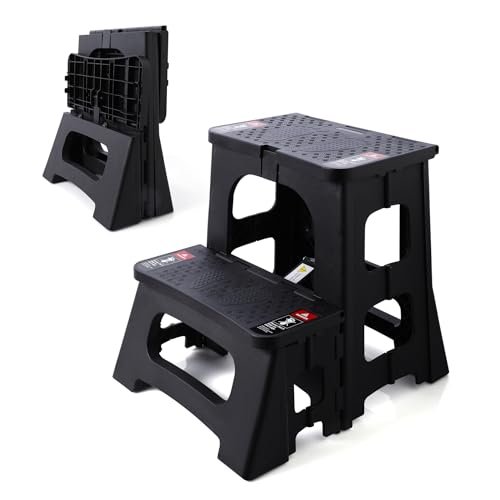 Folding 2-Step Stool - 2nd Gen, Upgraded A-Frame Stability, Safety Lock, Anti-Slip Feet, 300lb Capacity - 8" 17" Collapsible Step Stools for Home Kitchen Bathroom RV Office (Black)