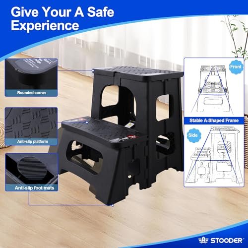 Folding 2-Step Stool - 2nd Gen, Upgraded A-Frame Stability, Safety Lock, Anti-Slip Feet, 300lb Capacity - 8" 17" Collapsible Step Stools for Home Kitchen Bathroom RV Office (Black)
