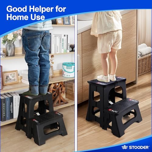 Folding 2-Step Stool - 2nd Gen, Upgraded A-Frame Stability, Safety Lock, Anti-Slip Feet, 300lb Capacity - 8" 17" Collapsible Step Stools for Home Kitchen Bathroom RV Office (Black)