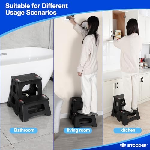 Folding 2-Step Stool - 2nd Gen, Upgraded A-Frame Stability, Safety Lock, Anti-Slip Feet, 300lb Capacity - 8" 17" Collapsible Step Stools for Home Kitchen Bathroom RV Office (Black)