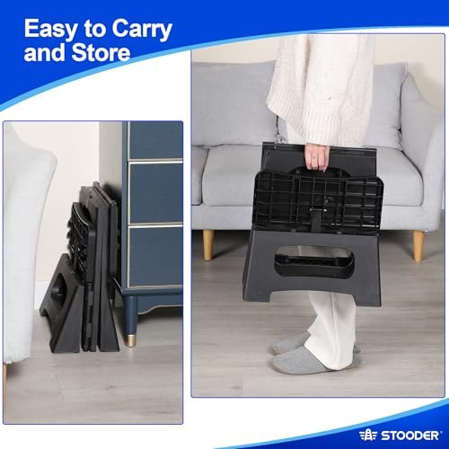 Folding 2-Step Stool - 2nd Gen, Upgraded A-Frame Stability, Safety Lock, Anti-Slip Feet, 300lb Capacity - 8" 17" Collapsible Step Stools for Home Kitchen Bathroom RV Office (Black)