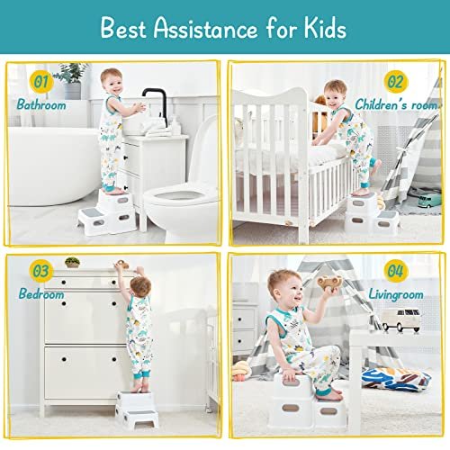 Forbena Toddler Step Stool for Bathroom Sink, 2 Step Stool for Kids Toilet Potty Training, Non-Slip Toddlers Baby Child Kid Plastic Poop Stools with Handle for Kitchen Counter Bed (White-Grey)