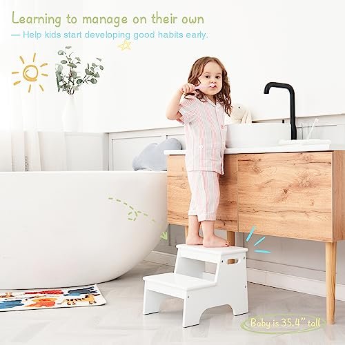 Forbena Wood Toddler Step Stool for Bathroom Sink, White Kids Toilet Step Stool for Potty Training, Small Child Baby Girl Boy 2 Stepping Stool with Handle for Kitchen Counter Nursery Bedroom Closet