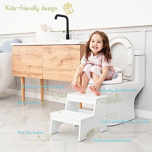 Forbena Wood Toddler Step Stool for Bathroom Sink, White Kids Toilet Step Stool for Potty Training, Small Child Baby Girl Boy 2 Stepping Stool with Handle for Kitchen Counter Nursery Bedroom Closet