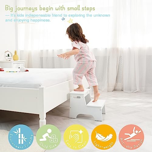 Forbena Wood Toddler Step Stool for Bathroom Sink, White Kids Toilet Step Stool for Potty Training, Small Child Baby Girl Boy 2 Stepping Stool with Handle for Kitchen Counter Nursery Bedroom Closet
