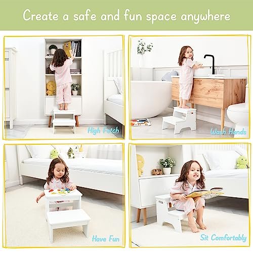 Forbena Wood Toddler Step Stool for Bathroom Sink, White Kids Toilet Step Stool for Potty Training, Small Child Baby Girl Boy 2 Stepping Stool with Handle for Kitchen Counter Nursery Bedroom Closet