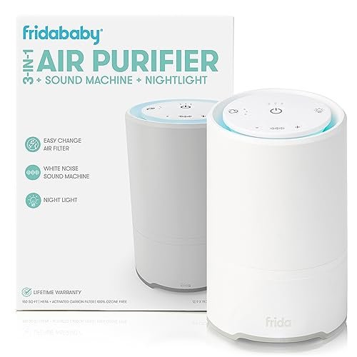 Frida Baby 3-in-1 Baby Air Purifier for Allergy Relief, Sound Machine for Sleeping + Nightlight, HEPA Filter Purifier for Bedroom with 3 Fan Speeds, Easy-Change Filter, Auto-Off Timer