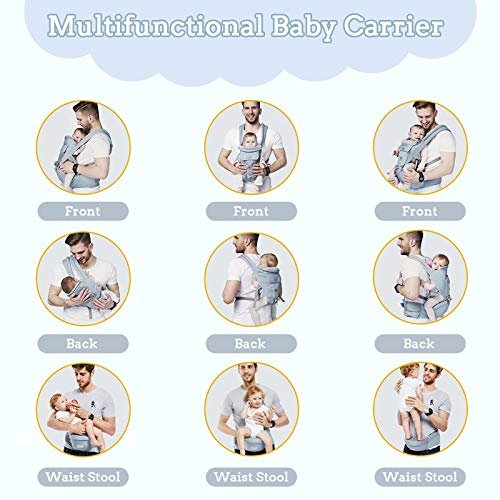 FRUITEAM 6-in-1 Baby Carrier with Waist Stool/Hip Seat for Breastfeeding, One Size Fits All - Adapt to Newborn, Infant & Toddler (Blue)