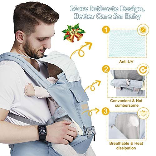 FRUITEAM 6-in-1 Baby Carrier with Waist Stool/Hip Seat for Breastfeeding, One Size Fits All - Adapt to Newborn, Infant & Toddler (Blue)