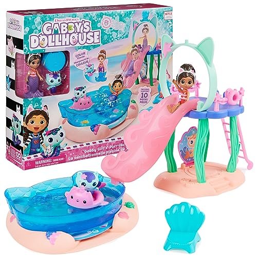Gabbyβs Dollhouse, Purr-ific Pool Playset with Gabby and MerCat Figures, Color-Changing Mermaid Tails and Pool Accessories Kids Toys for Ages 3 and Up