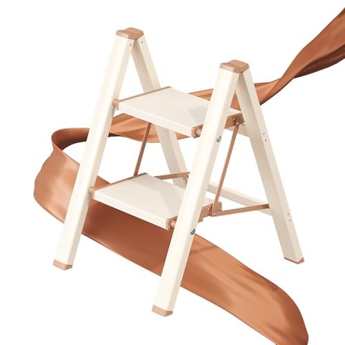 GameGem 2 Step Ladder, Folding Step Stool with Wider Pedal, Anti-Slip Feet & Non Slip Stripes, Aluminum Sturdy Material, 300Lbs Capacity, Elegant Look of Cream Chocolate Better Matches Your Home