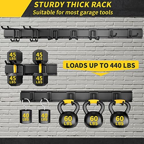 Garage Storage, Garage Organization, Wall Mount Garden Tool Organizer 48 Inches, 440lbs Adjustable Heavy Duty Metal Hanging Hooks, Yard Rack Hanger System Shovel Rake Broom Mop Holder, Men Gift