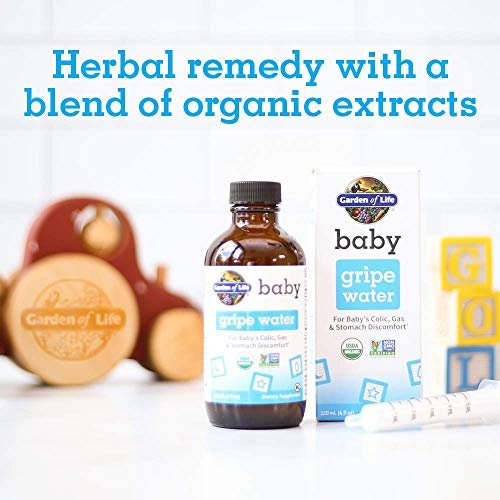 Garden of Life Baby Gripe Water for Baby's Colic, Gas & Stomach Discomfort, Organic Herbal Remedy for Newborns and Infants, Chamomile, Lemon Balm, Ginger, Vegan & Non-GMO, 4 Fl Oz