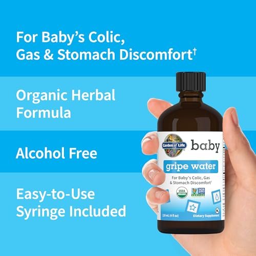 Garden of Life Baby Gripe Water for Baby's Colic, Gas & Stomach Discomfort, Organic Herbal Remedy for Newborns and Infants, Chamomile, Lemon Balm, Ginger, Vegan & Non-GMO, 4 Fl Oz