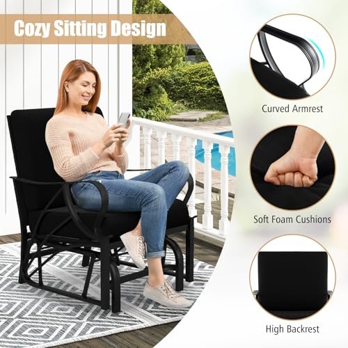 Giantex Outdoor Glider, Patio Rocking Chair with Thick Cushion, Sturdy Metal Frame, Curved Armrest, Ergonomic Design, Single-Person Glider Chair for Garden, Yard, Porch Rocker, Black