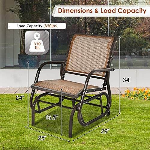 Giantex Swing Glider Chair W/Study Metal Frame Comfortable Patio Chair Love-Seat for Garden, Porch, Backyard, Poolside, Lawn Outdoor Rocking Chair (1, Brown)