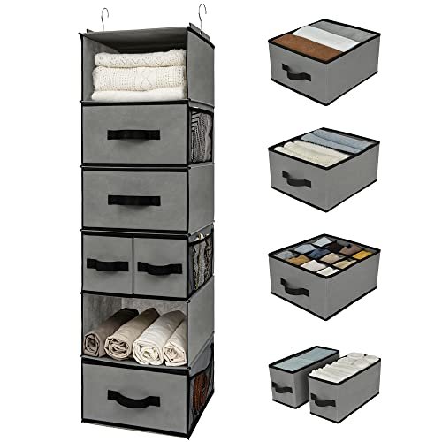 GRANNY SAYS Hanging Closet Organizer 6 Shelves, Closet Organizers and Storage with 5 Drawers, 6 Side Pockets Closet Hanging Organizer, Hanging Storage Organizer for Closet, Baby Clothes, Gray