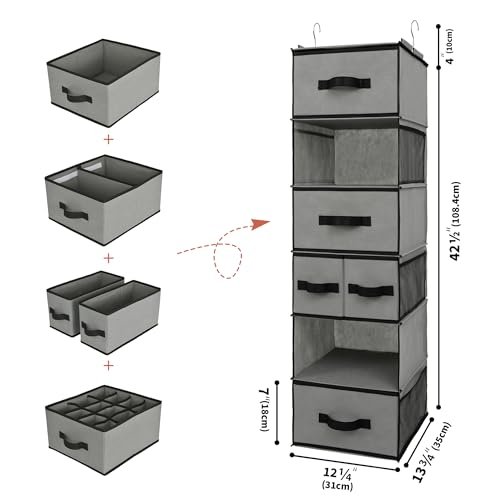 GRANNY SAYS Hanging Closet Organizer 6 Shelves, Closet Organizers and Storage with 5 Drawers, 6 Side Pockets Closet Hanging Organizer, Hanging Storage Organizer for Closet, Baby Clothes, Gray