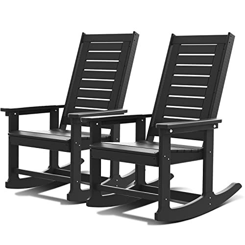 GREENVINES Outdoor Rocking Chairs | Set of 2 | Porch Rocker | HDPE Plastic | Black | Oversized Rockers | High Back | Big & Tall | Ladder Back | for Patio Outside Backyard Balcony Garden