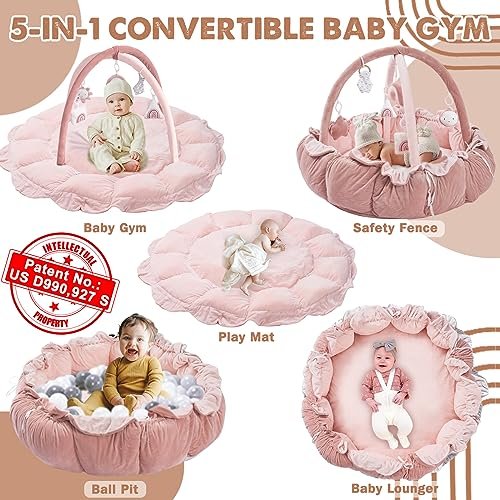 HAN-MM 5-in-1 Convertible Baby Play Gym with 6 Toys, Tummy Time Mat for Sensory Development, Baby Activity Center from Newborn to Toddler, Ball Pit, Cat & Dog Bed, Soft Plush Pet Bed, Pink